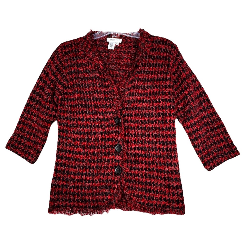 Coldwater Creek Sweater Women Small Red‎ Black Marled Fringe Cardigan Preppy